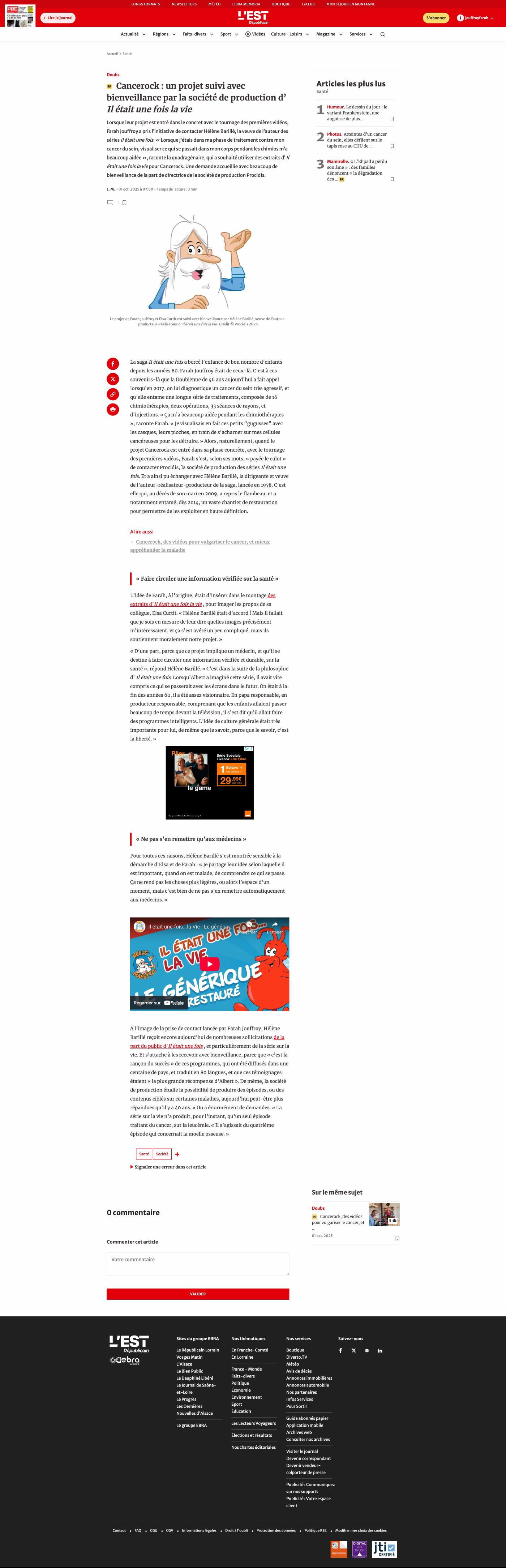 Reproduction de l’article de L’Est Républicain : Un regard bienveillant d’« Il était une fois… la Vie ». Une présentation du contenu est disponible en texte ci-dessous.